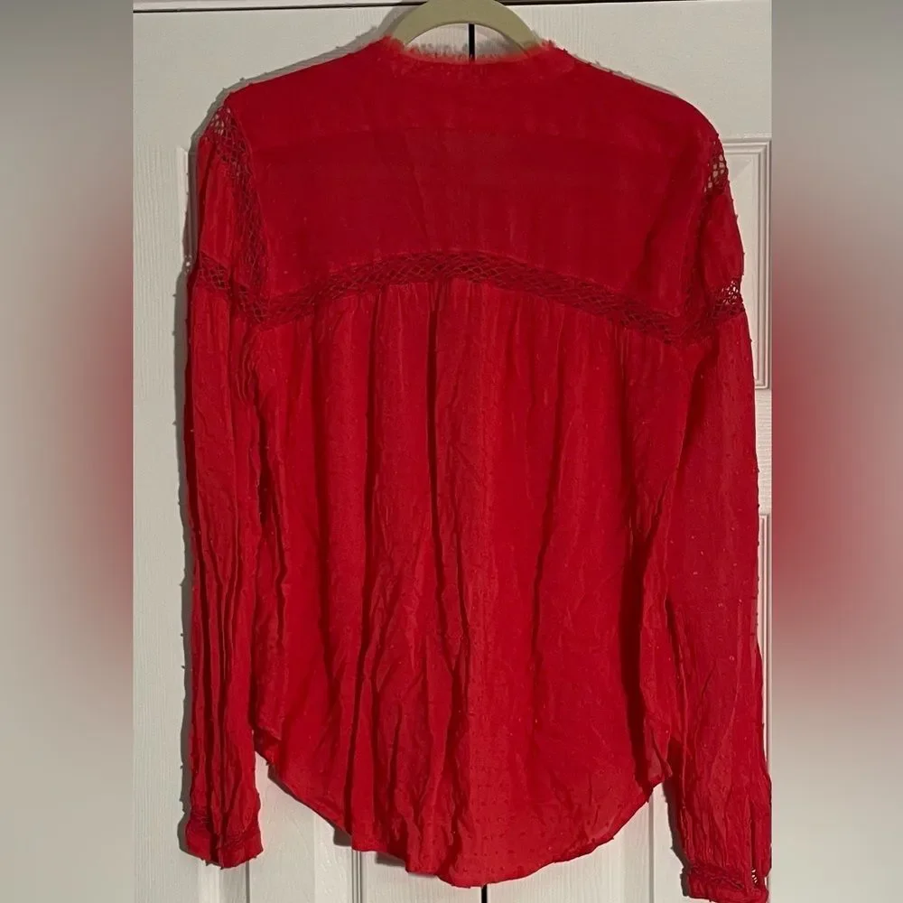 Free People Red Swiss Dot Embroidered Crotchet Trim Blouse Size Medium